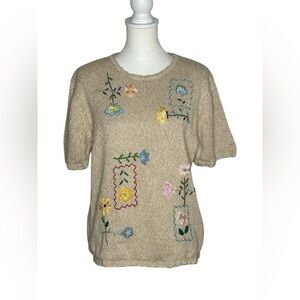Salon Studio Vintage Floral Embroidered Tan Shirt L Grannycore Cottagecore 90s